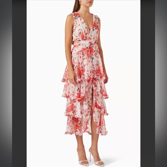 elliatt event pink floral ruffled tiered cutout maxi long gown dress size small - Picture 8 of 8
